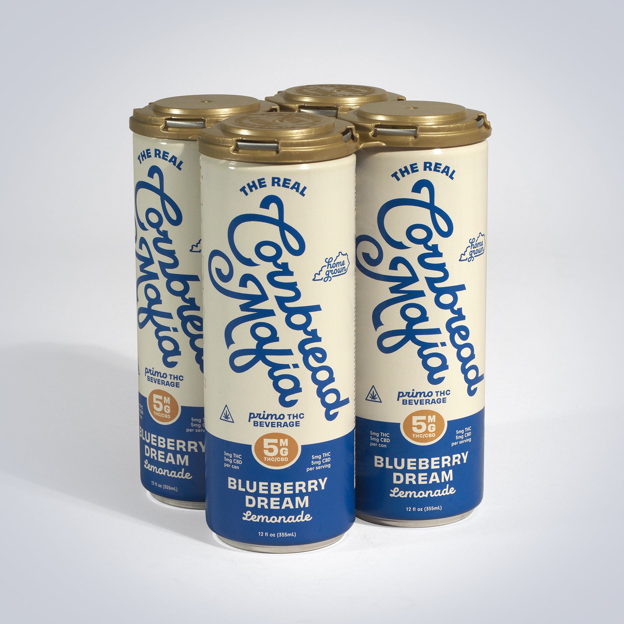 Four cans of Blueberry Dream Lemonade on a light gray background