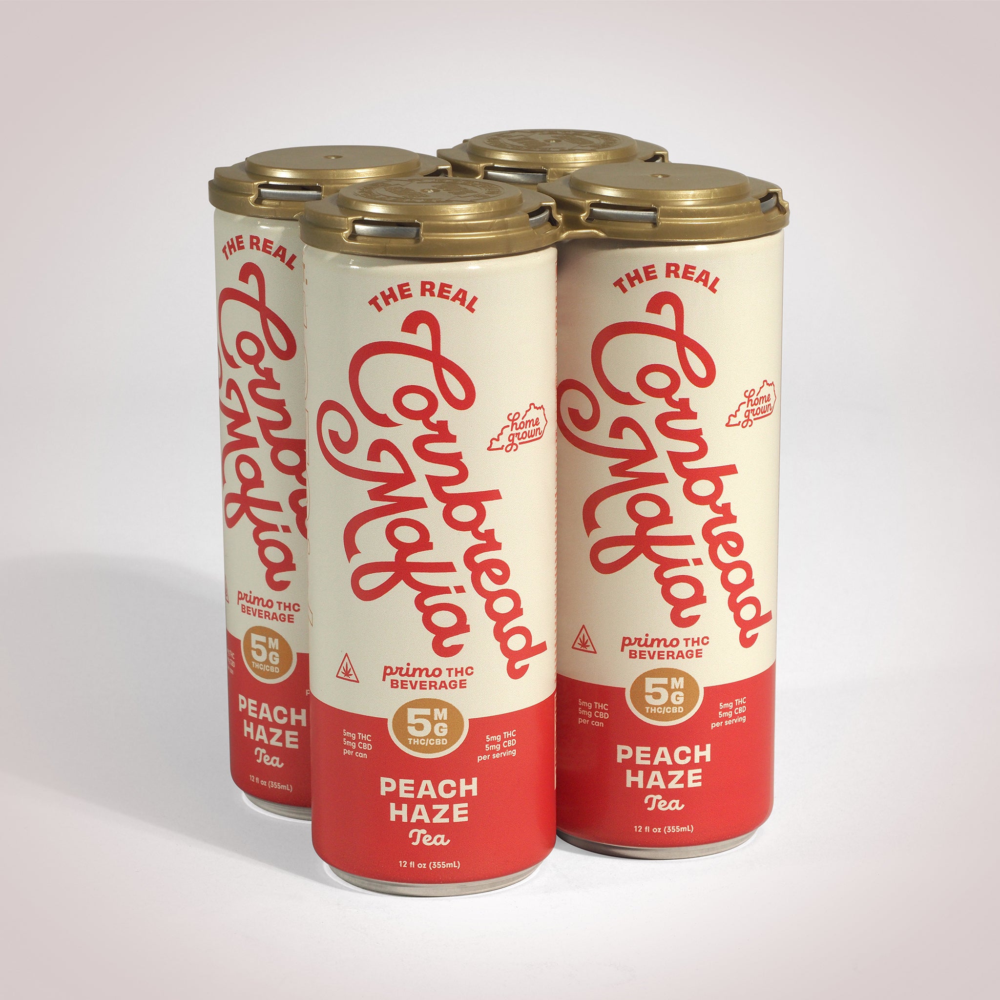 Four cans of Cornbread Peach Haze Tea on a light gray background